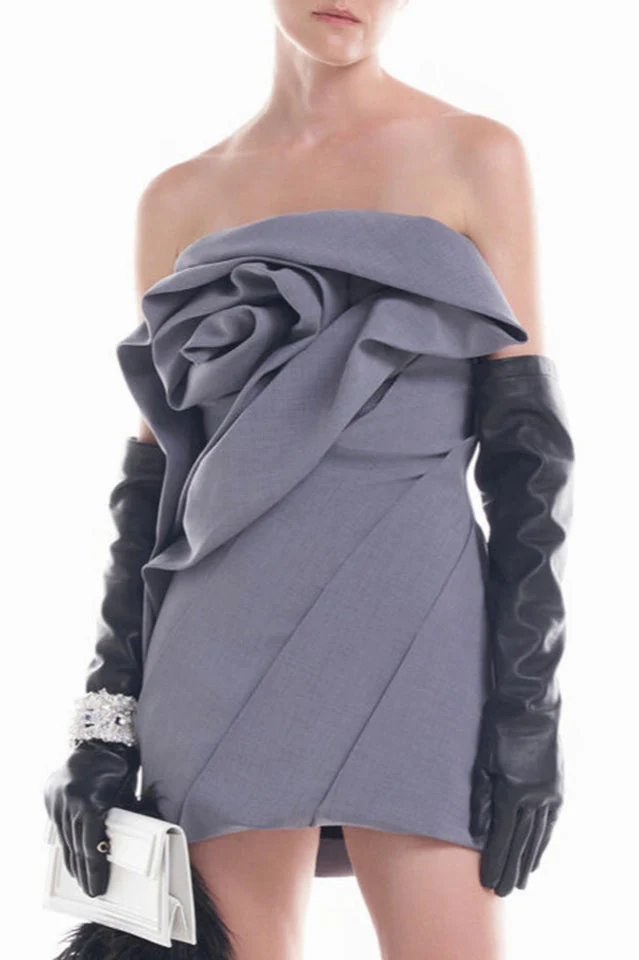 Women's Flower Strapless Ruch Mini Dress