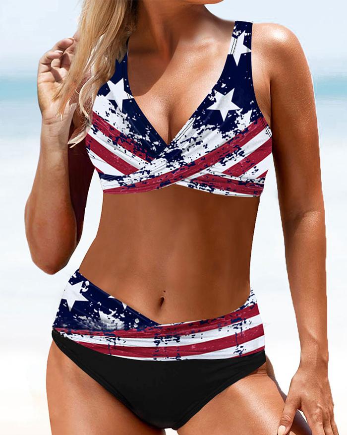 Women's Star And Stripe Print Cross Bandage High Waist Bikini
