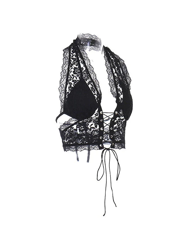 Women's Tie Front Lace Halter Tank Top