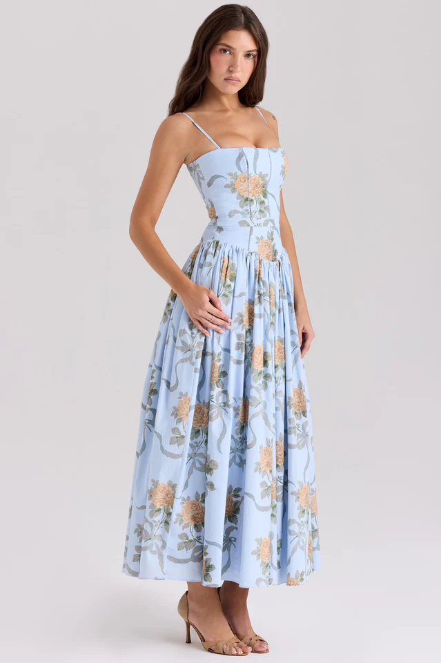 Women's Vintage Rose Print Cotton Midi Sundress