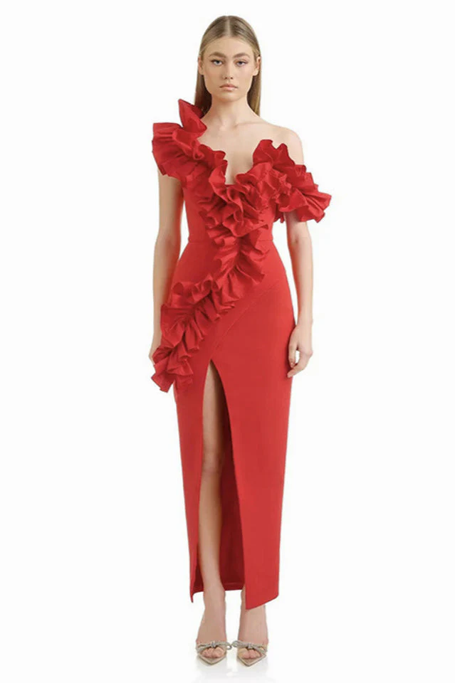 Women's One Shoulder Ruffle Maxi Dress