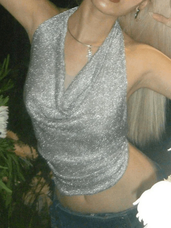 Women's Silver Halter Cropped Tank Top