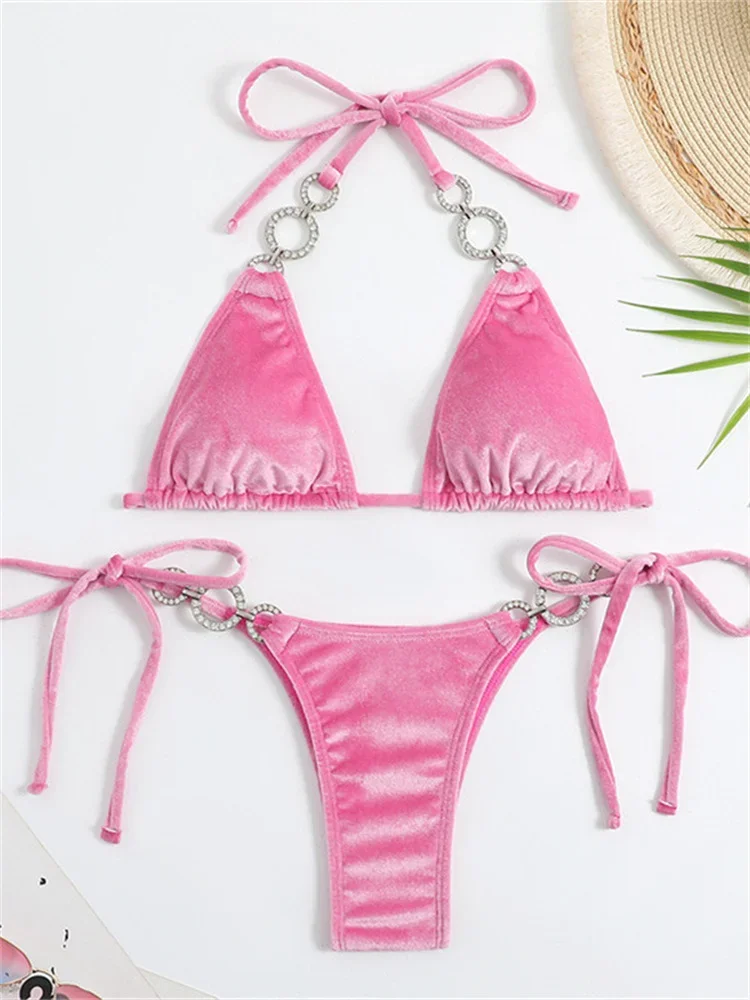 Women's Voguable Triangle Bikinis Set Solid Pink Criss Cross Velvet Swimsuit Luxury Rhinestone Bathing Suit Metal Swimwear