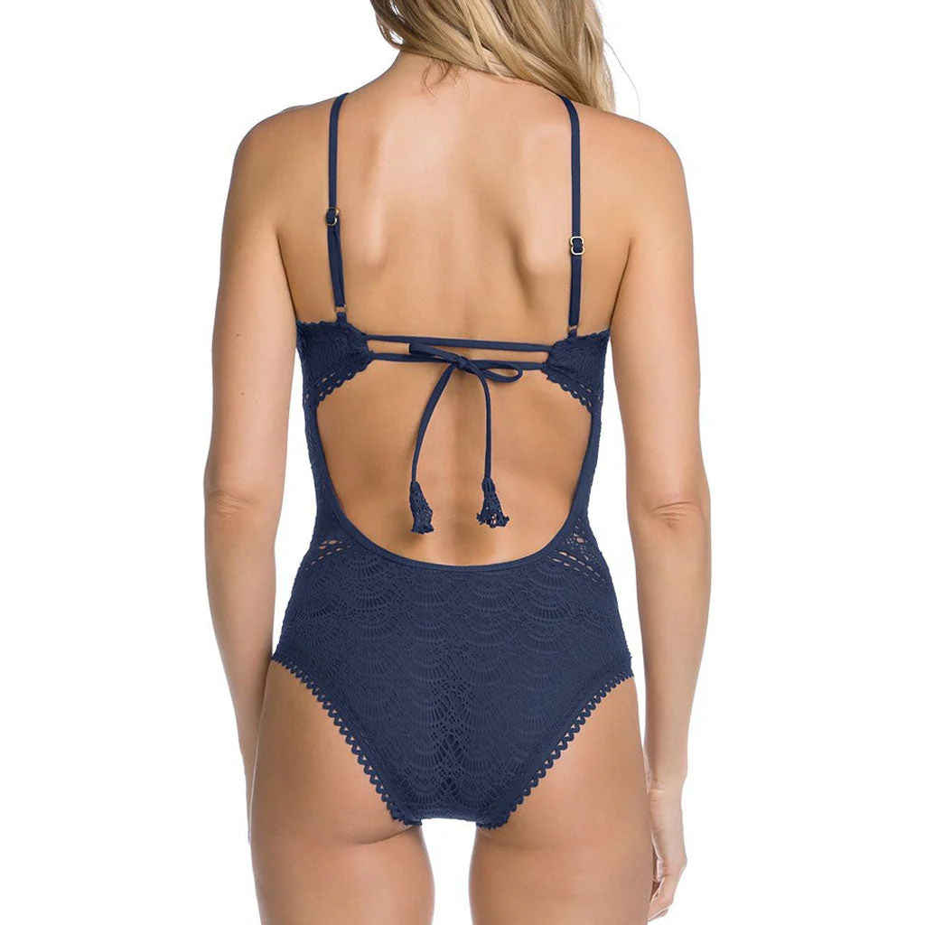 Women's Scalloped Lace Low Back High Neck One Piece Swimsuit