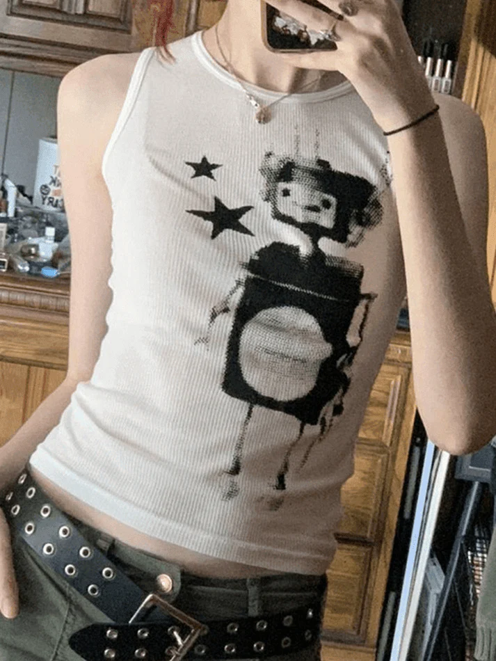 Women's Pixel Robot Star White Cropped Tank Top