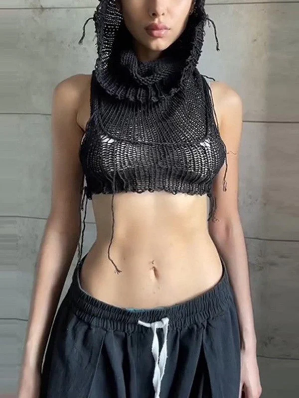 Women's Hooded Crochet Knit Cropped Tank Top