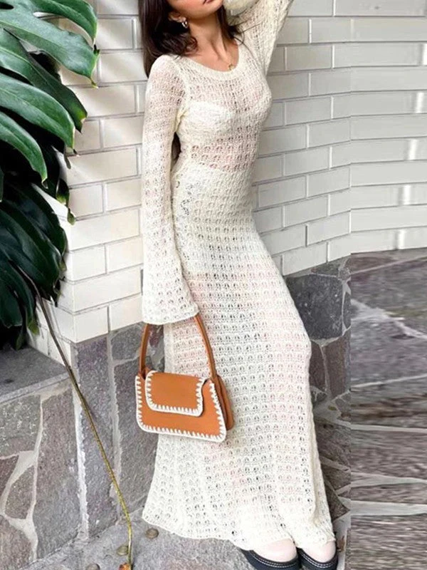 Women's Crochet Hollow Backless Long Sleeve Cover Up Maxi Dress