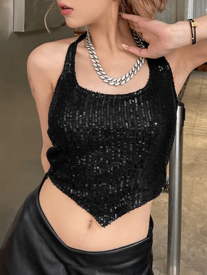 Women's Cropped Sequin Halter Corset Top