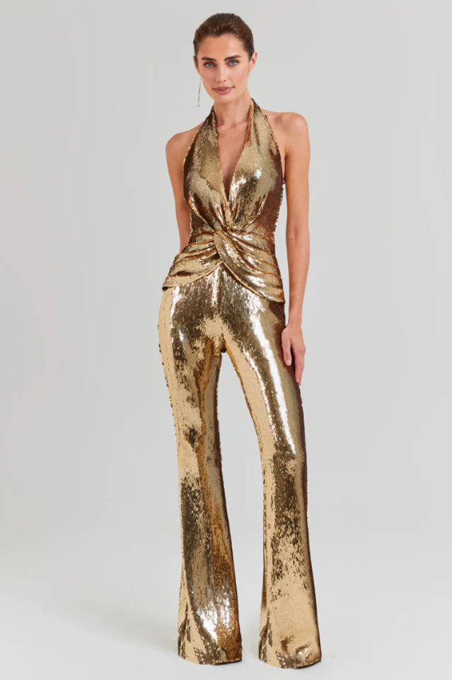 Women's Halter Draped Sequin Jumpsuit