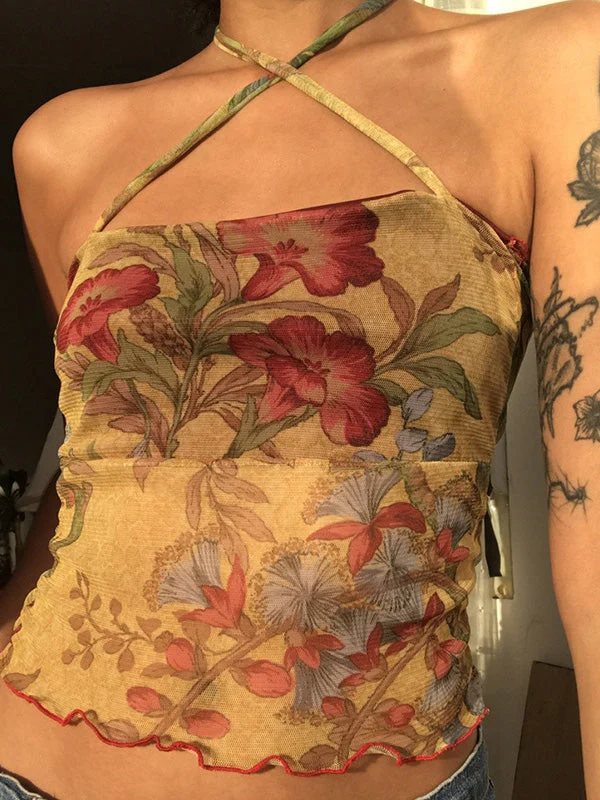 Women's Halter Mesh Floral Crop Cami Top