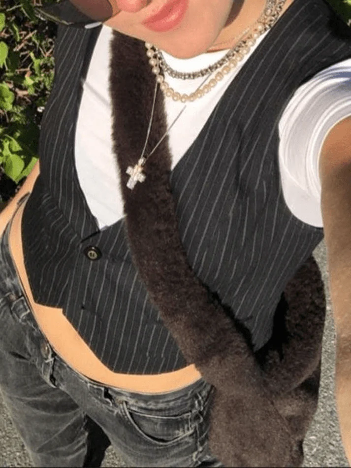 Women's V Neck Pinstriped Button Corset Top