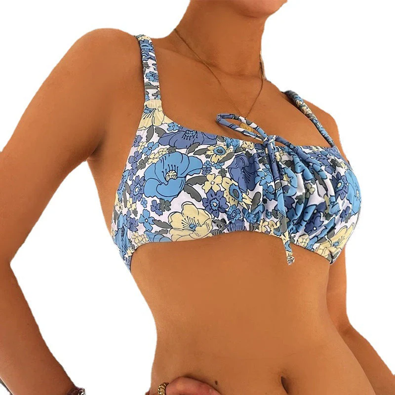 Women's Lace Up Floral Print Strap Bikini Set
