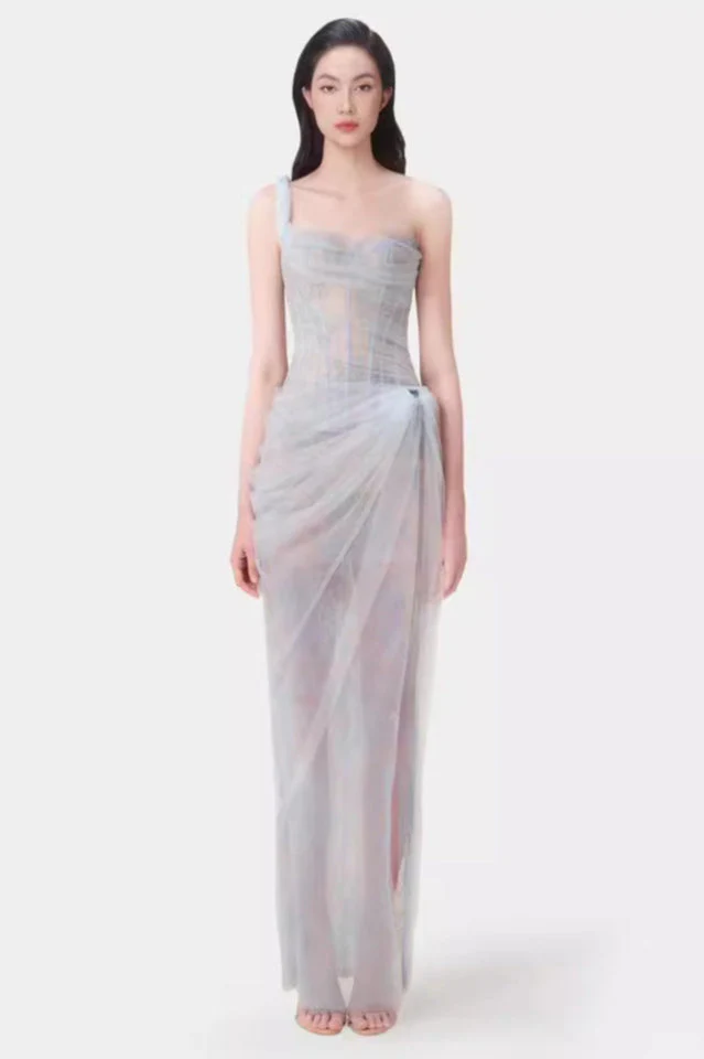 Women's One Shoulder Lace Corset Maxi Dress