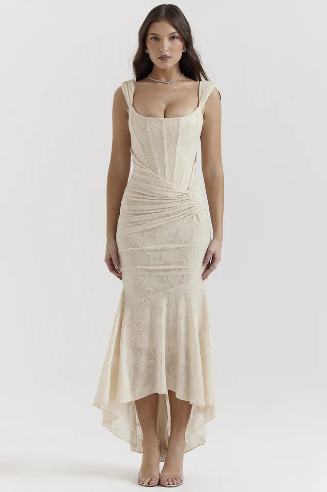 Women's Cesca Retro Cream White Floral Maxi Dress