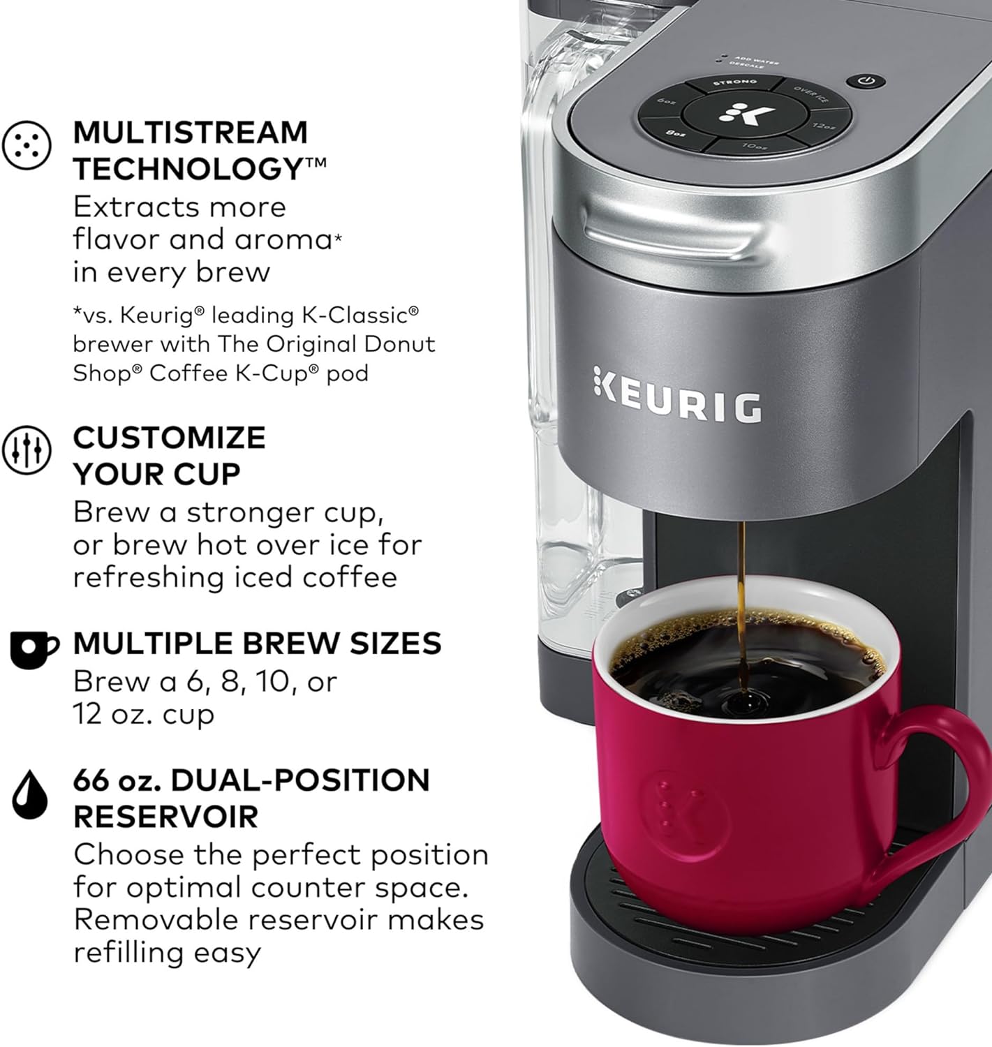 Keurig K-Supreme Single Serve K-Cup Pod Coffee Maker, MultiStream Technology, 4 Brew Sizes, 66oz Dual-Position Removable Reservoir, Black