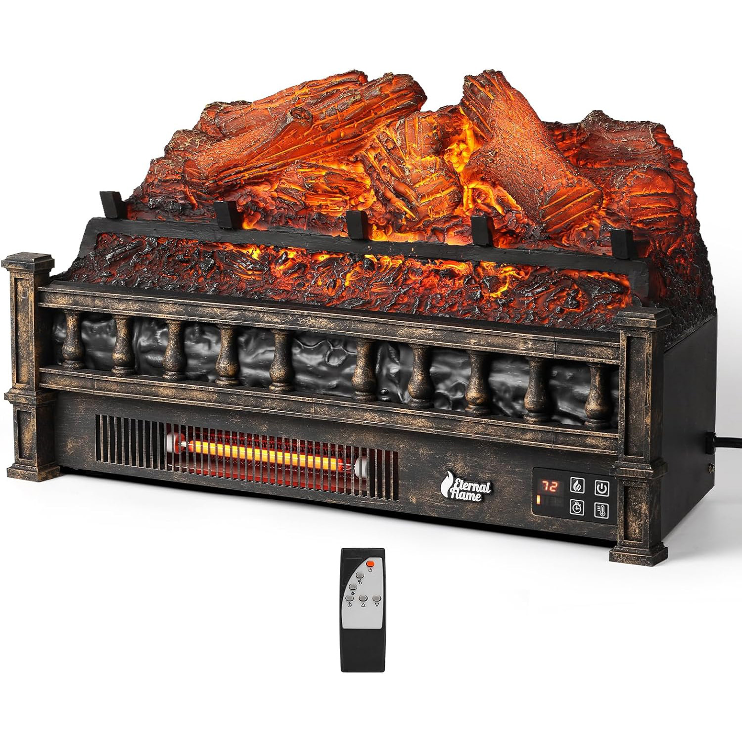 TURBRO Eternal Flame 26 in. WiFi Infrared Quartz Electric Fireplace Log Heater with Sound Crackling, Realistic Lemonwood Logs, Adjustable Flame Colors, Remote Control, Thermostat, Timer, 1500W Black