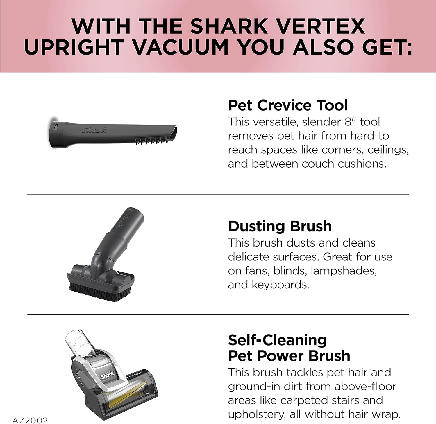 Shark AZ2002 Vertex Powered Lift-Away Upright Vacuum with DuoClean PowerFins, Self-Cleaning Brushroll, Large Dust Cup, Pet Crevice Tool, Dusting Brush & Power Brush, Silver/Rose Gold