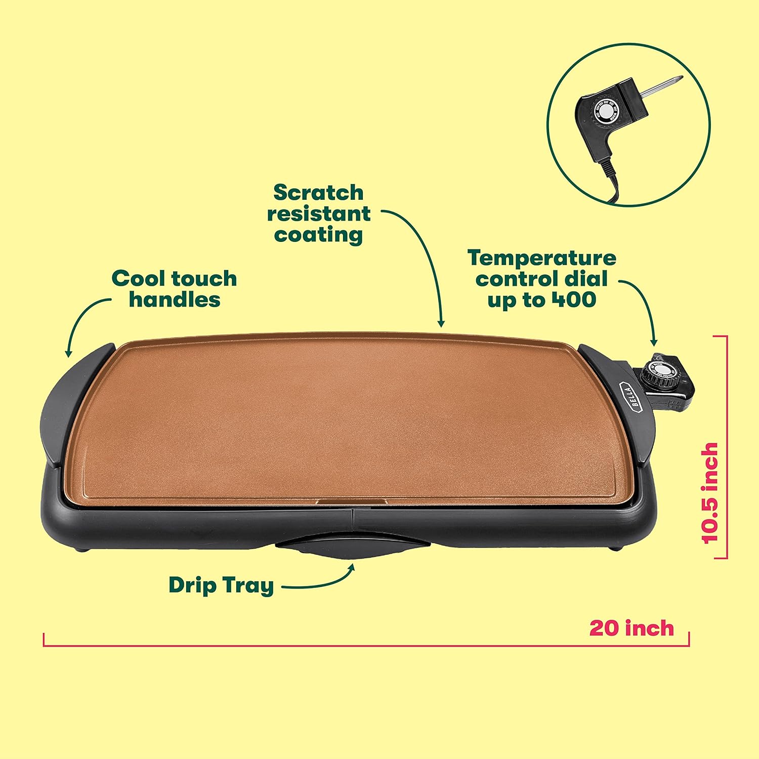 BELLA Electric Ceramic Titanium Griddle, Make 10 Eggs At Once, Healthy-Eco Non-stick Coating, Hassle-Free Clean Up, Large Submersible Cooking Surface, 10.5