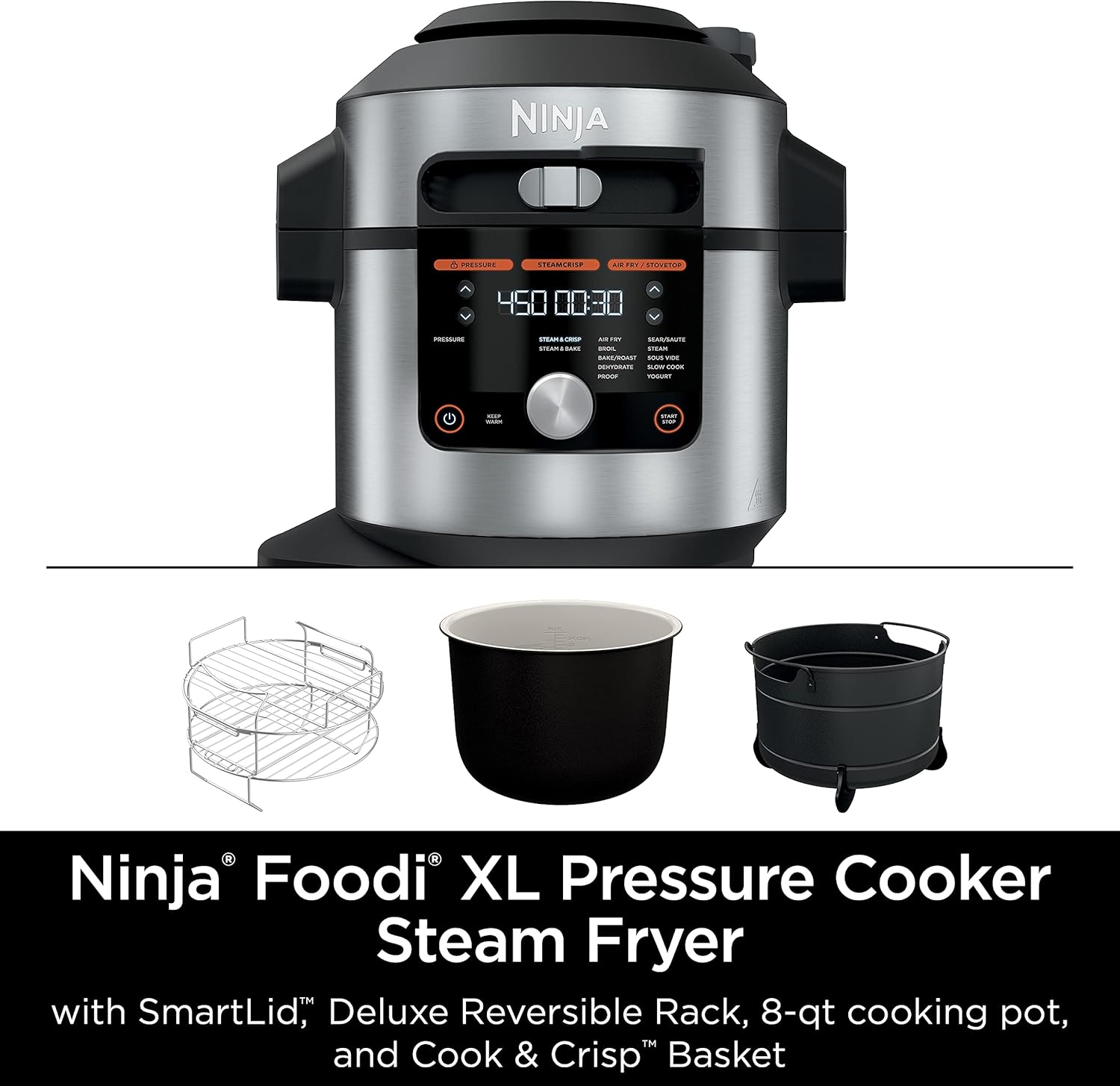 Ninja OL601 Foodi XL 8 Qt. Pressure Cooker Steam Fryer with SmartLid, 14-in-1 that Air Fries, Bakes & More, with 3-Layer Capacity, 5 Qt. Crisp Basket & 45 Recipes, Silver/Black