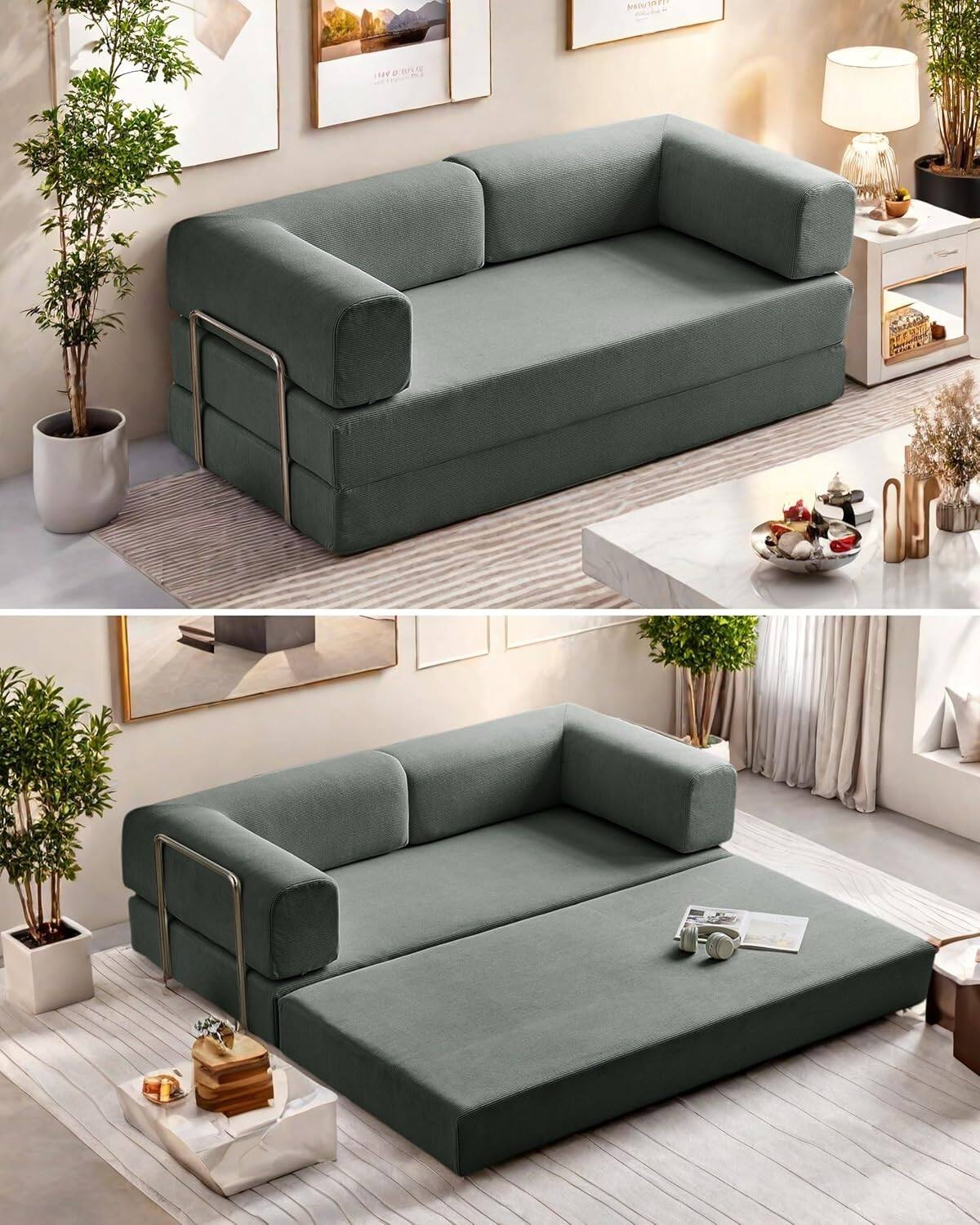 Chenille sofa bed with fixed shape frame