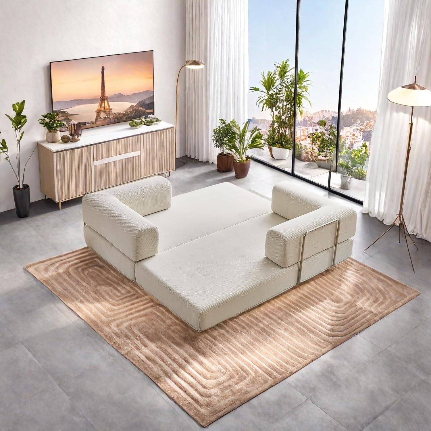 Chenille sofa bed with fixed shape frame