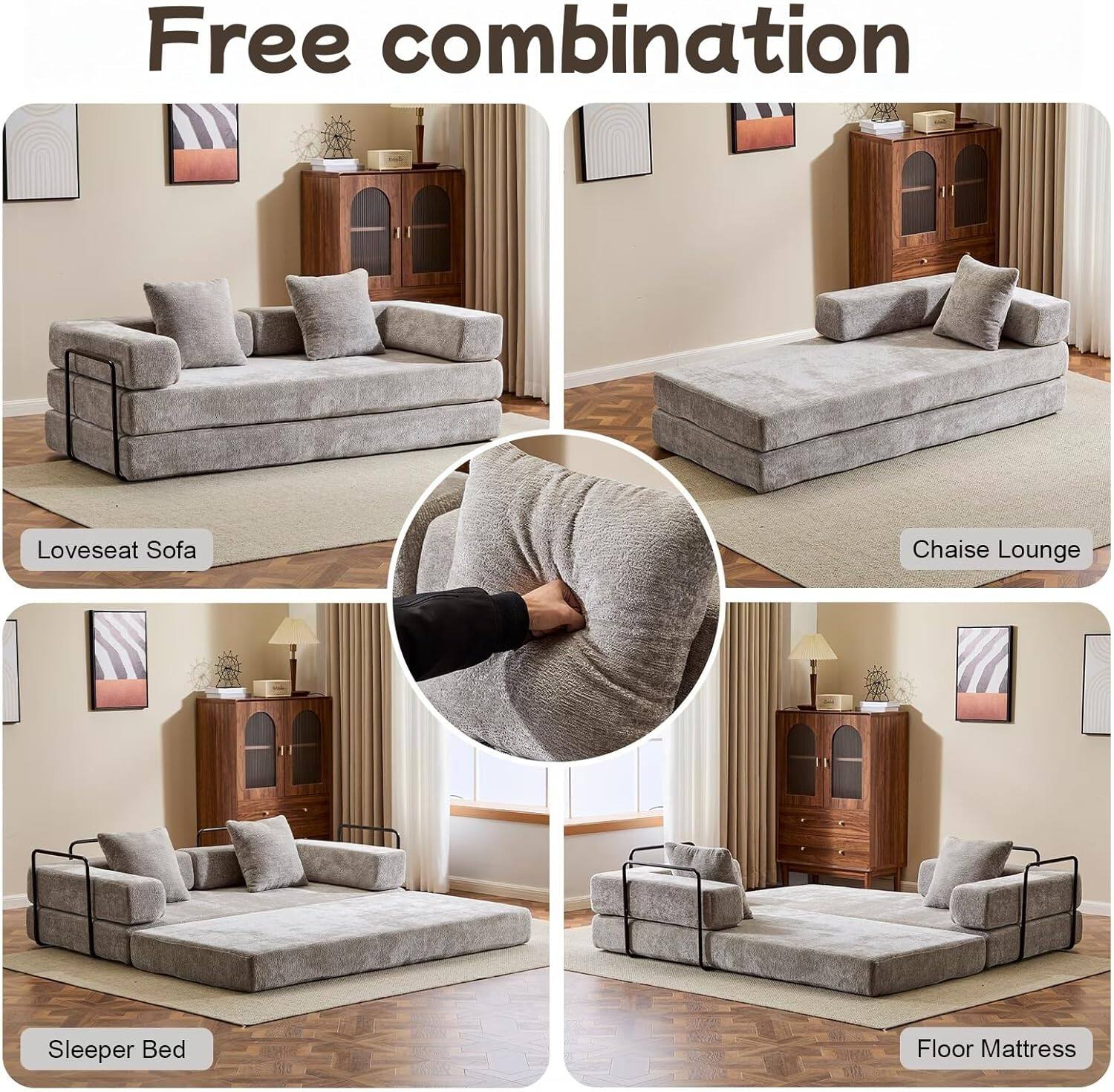 Chenille sofa bed with fixed shape frame