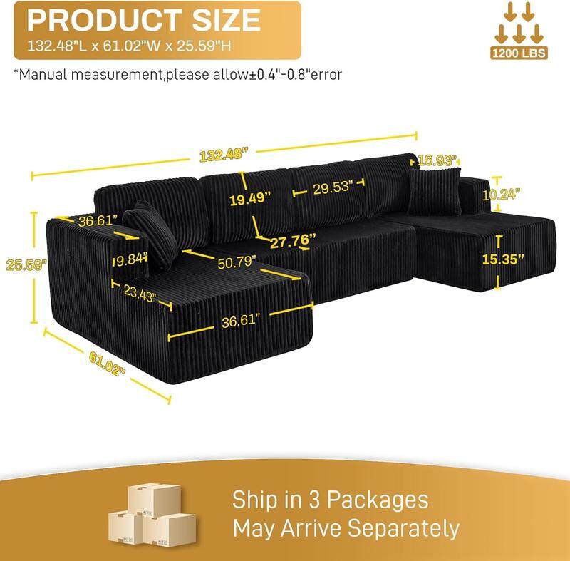 [3 Packages Shipping] Niccae 132''  U-shape modular corduroy sofa