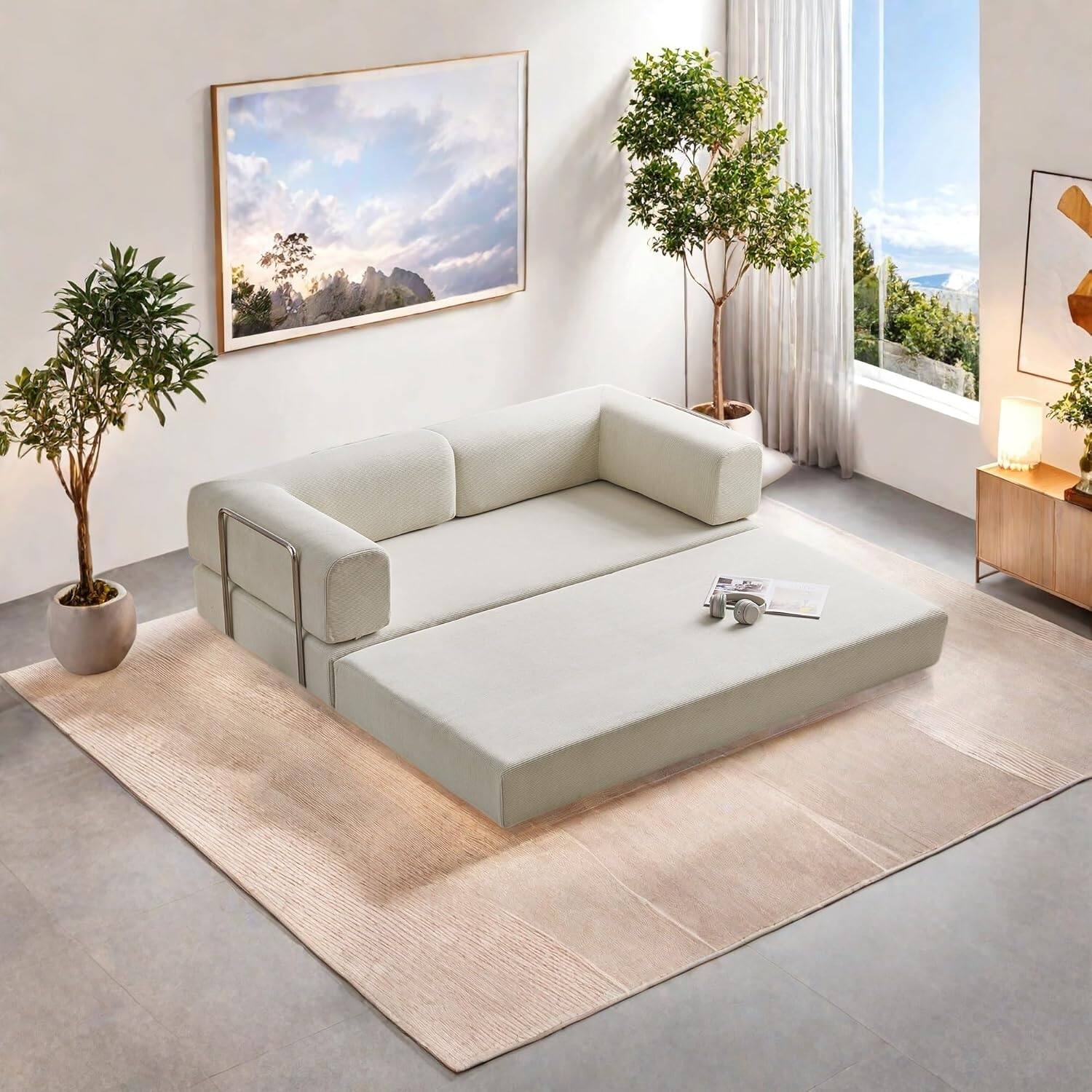 Chenille sofa bed with fixed shape frame