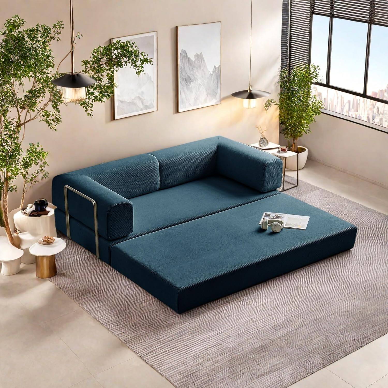 Chenille sofa bed with fixed shape frame