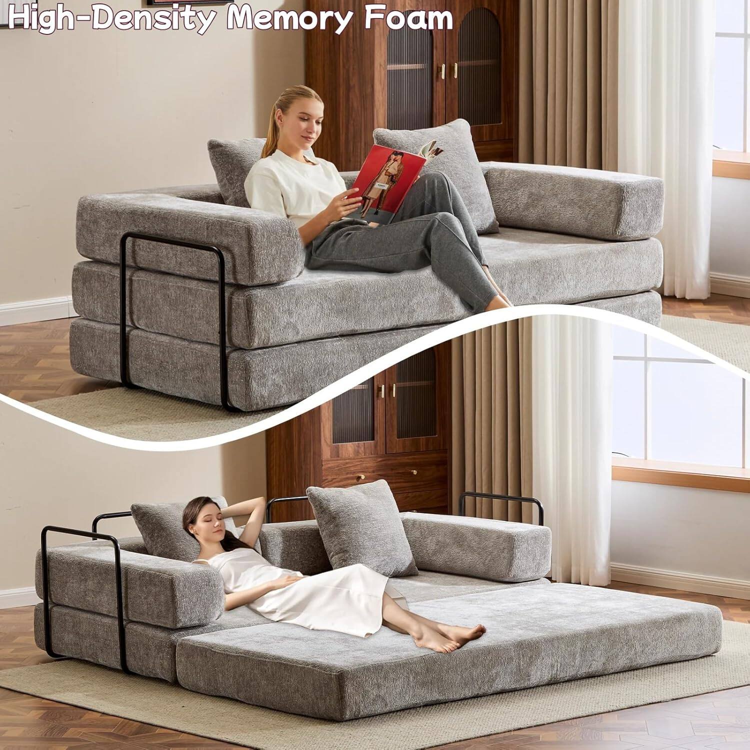 Chenille sofa bed with fixed shape frame