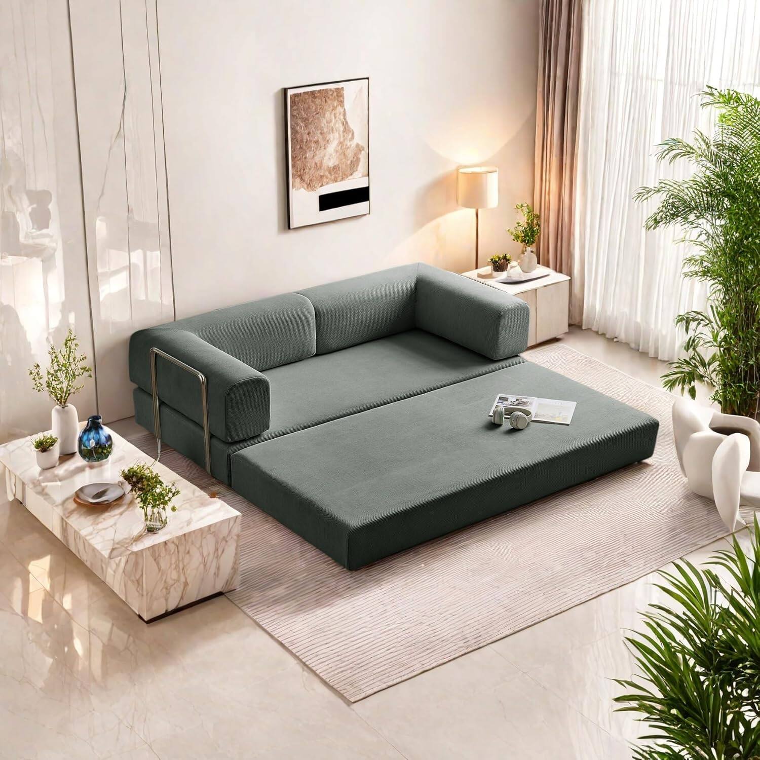 Chenille sofa bed with fixed shape frame