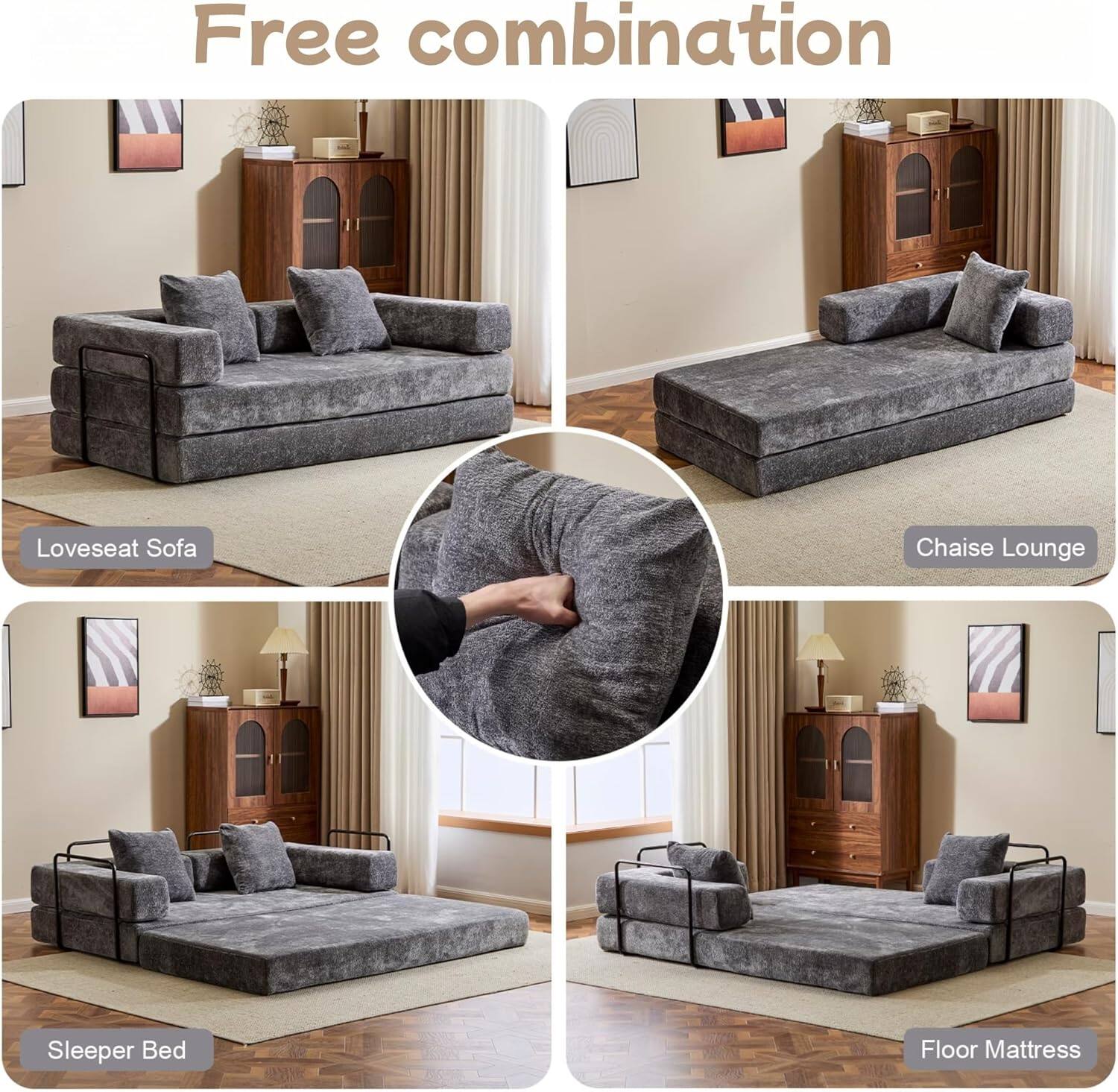 Chenille sofa bed with fixed shape frame