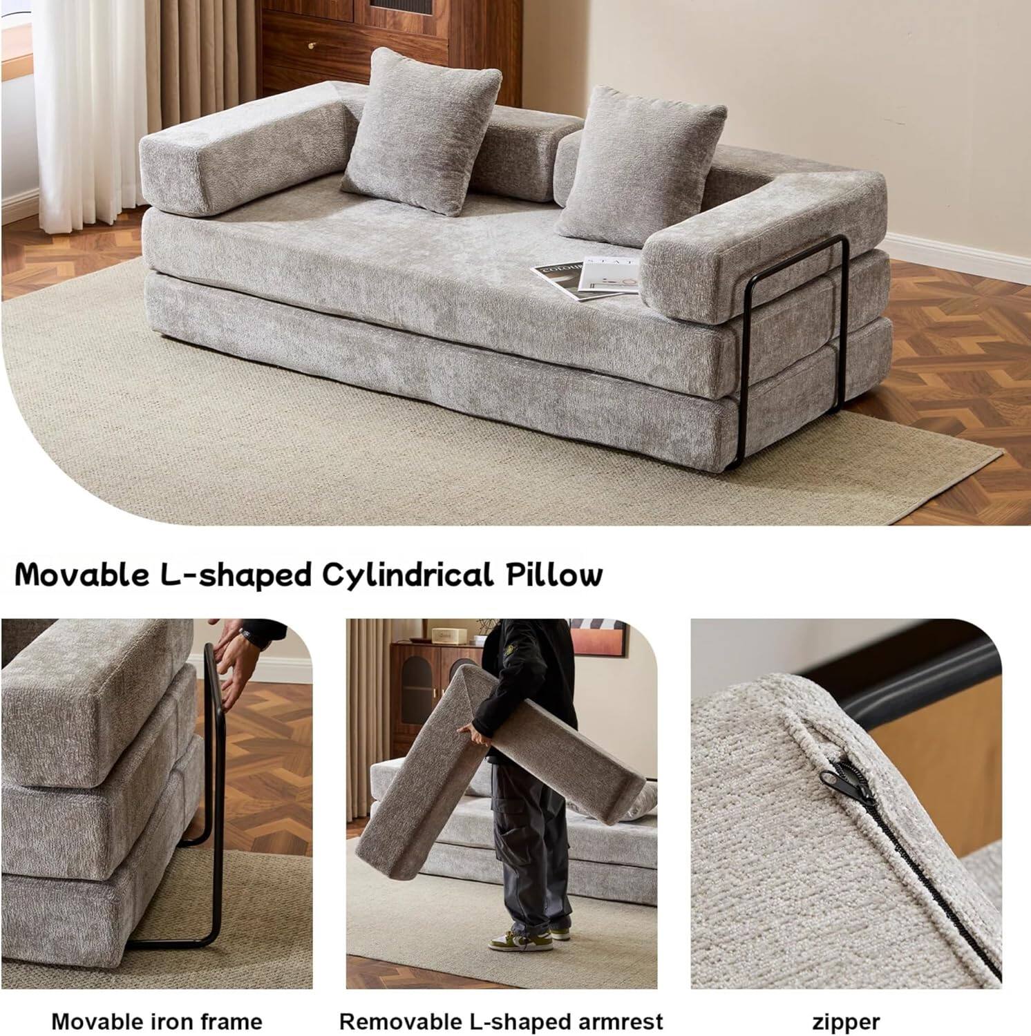 Chenille sofa bed with fixed shape frame