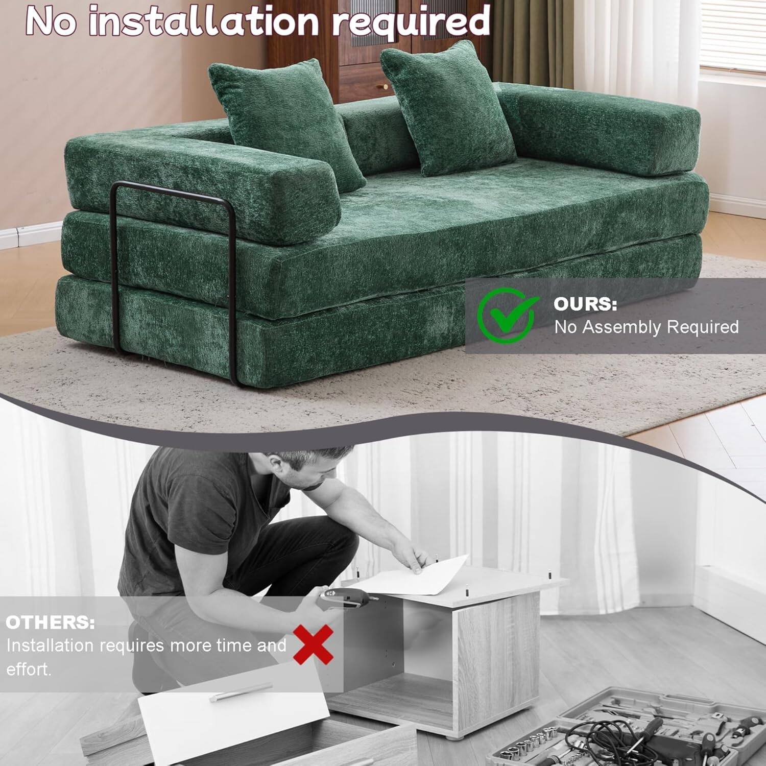 Chenille sofa bed with fixed shape frame