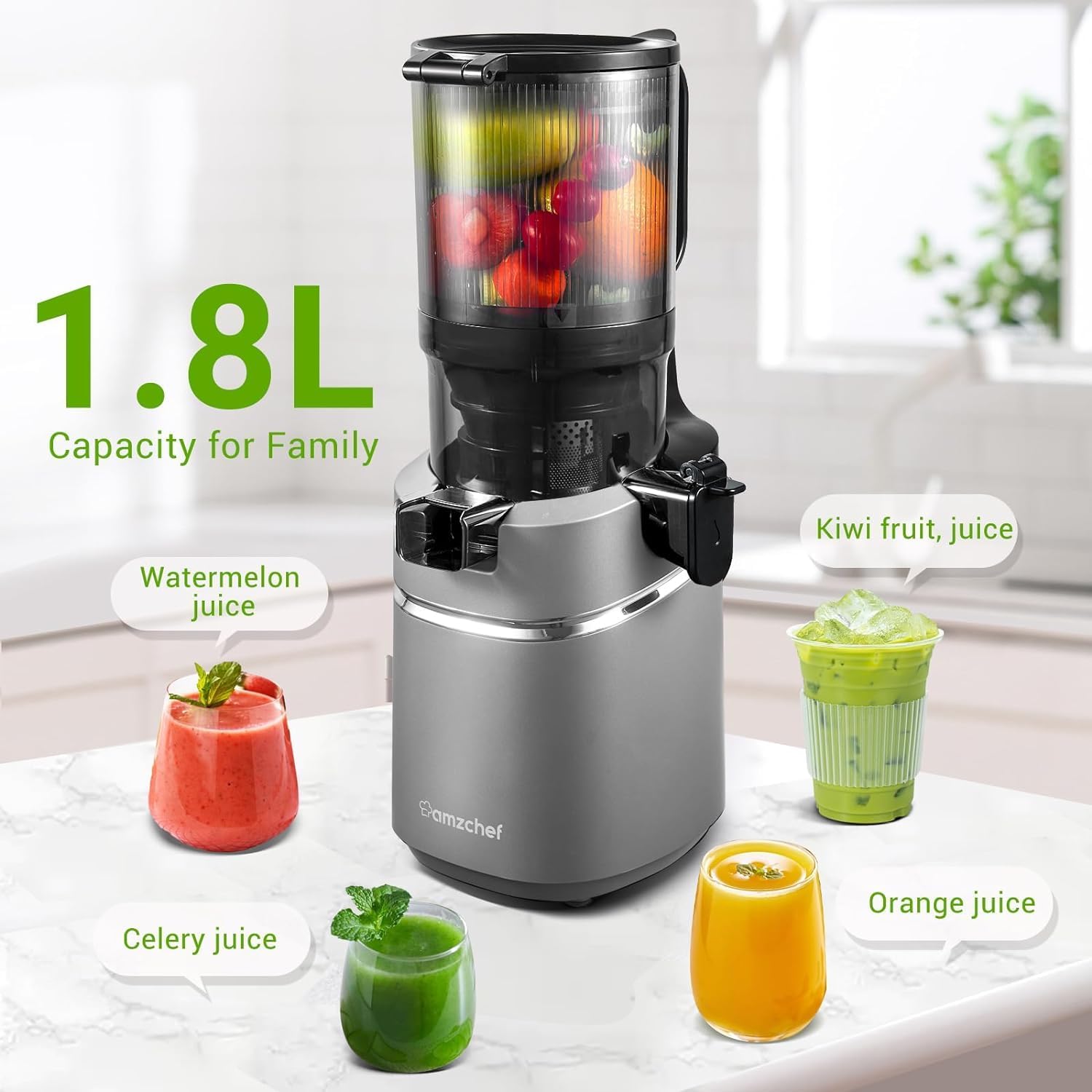 Juicer Machines, AMZCHEF 5.3-Inch Self-Feeding Masticating Juicer Fit Whole Fruits & Vegetables, Cold Press Electric Juicer Machines with High Juice Yield, Easy Cleaning, BPA Free, 250W, Black