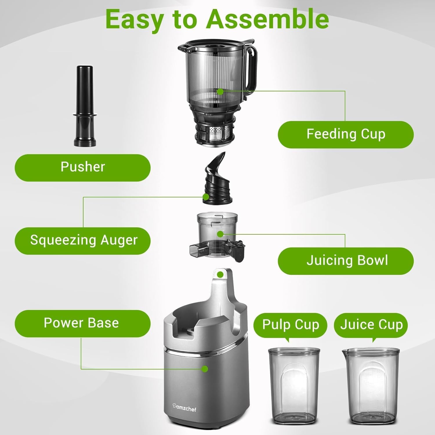 Juicer Machines, AMZCHEF 5.3-Inch Self-Feeding Masticating Juicer Fit Whole Fruits & Vegetables, Cold Press Electric Juicer Machines with High Juice Yield, Easy Cleaning, BPA Free, 250W, Black