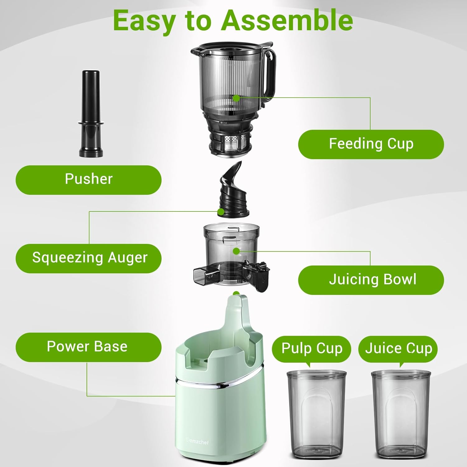 Juicer Machines, AMZCHEF 5.3-Inch Self-Feeding Masticating Juicer Fit Whole Fruits & Vegetables, Cold Press Electric Juicer Machines with High Juice Yield, Easy Cleaning, BPA Free, 250W, Black