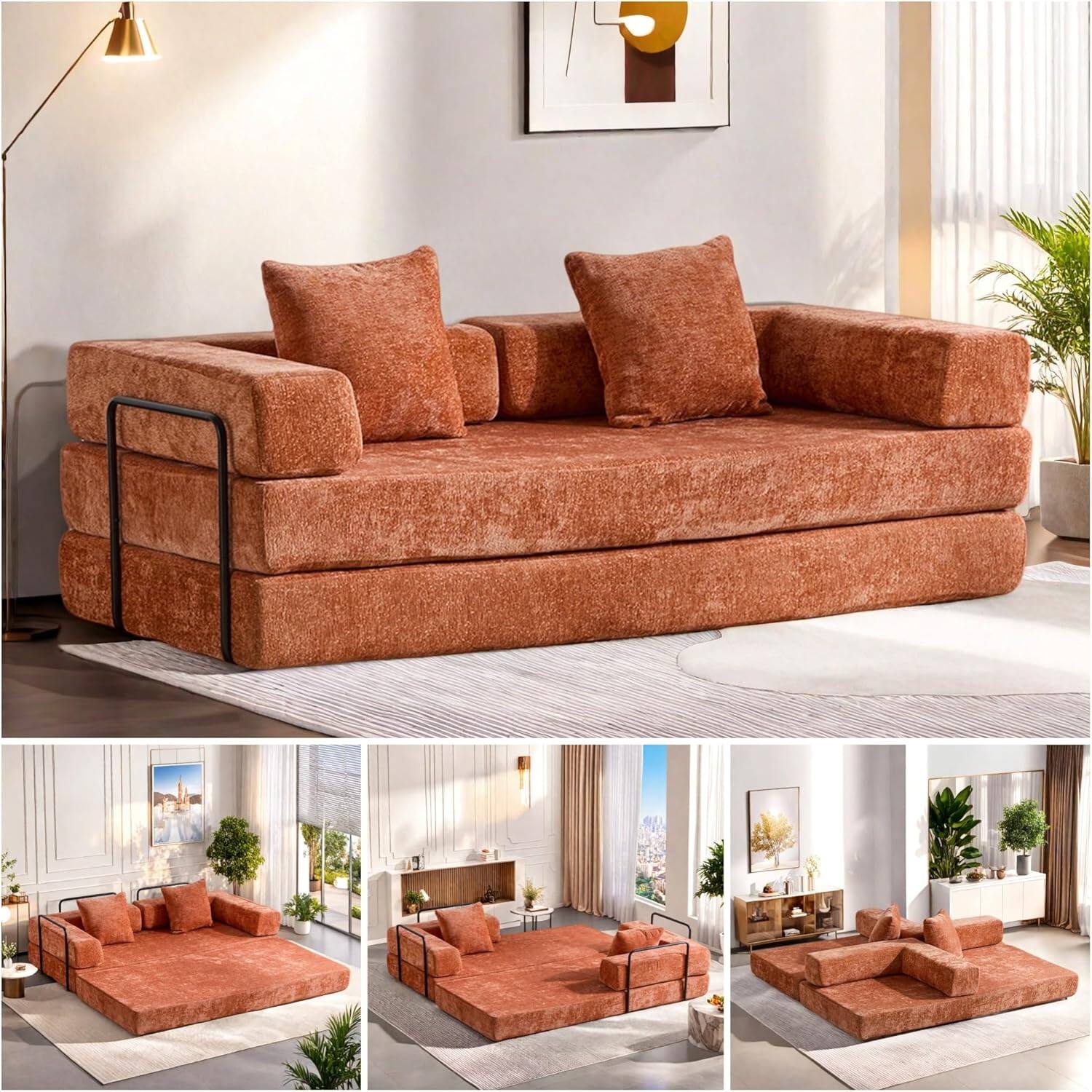 Chenille sofa bed with fixed shape frame