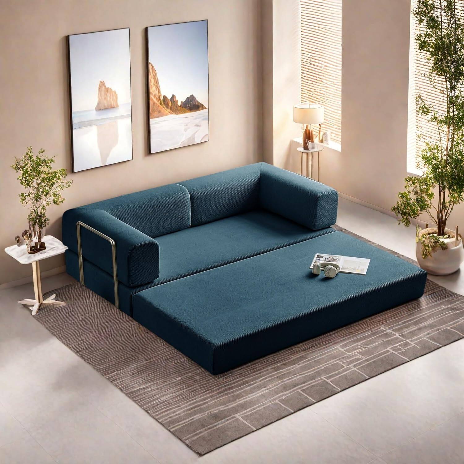 Chenille sofa bed with fixed shape frame