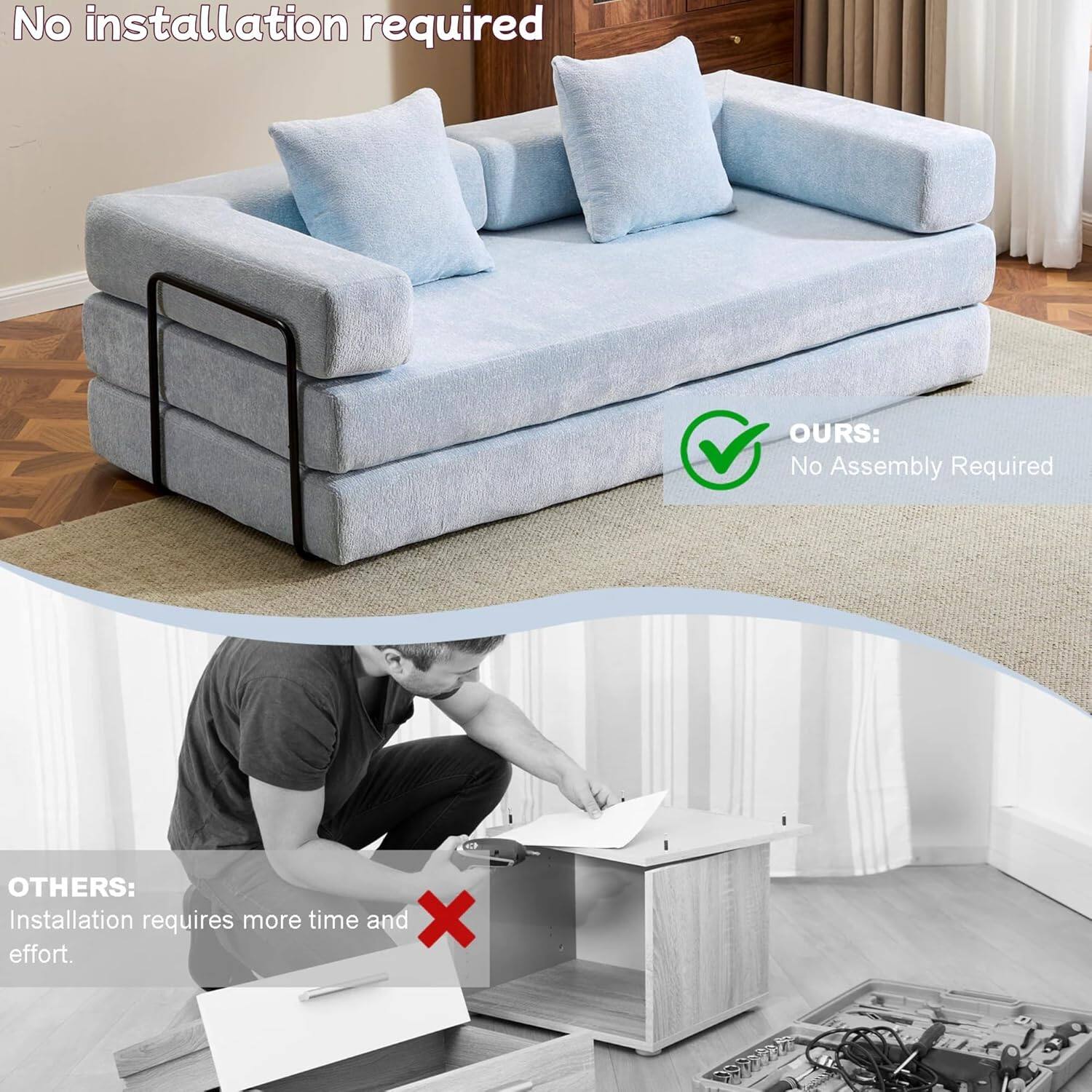 Chenille sofa bed with fixed shape frame