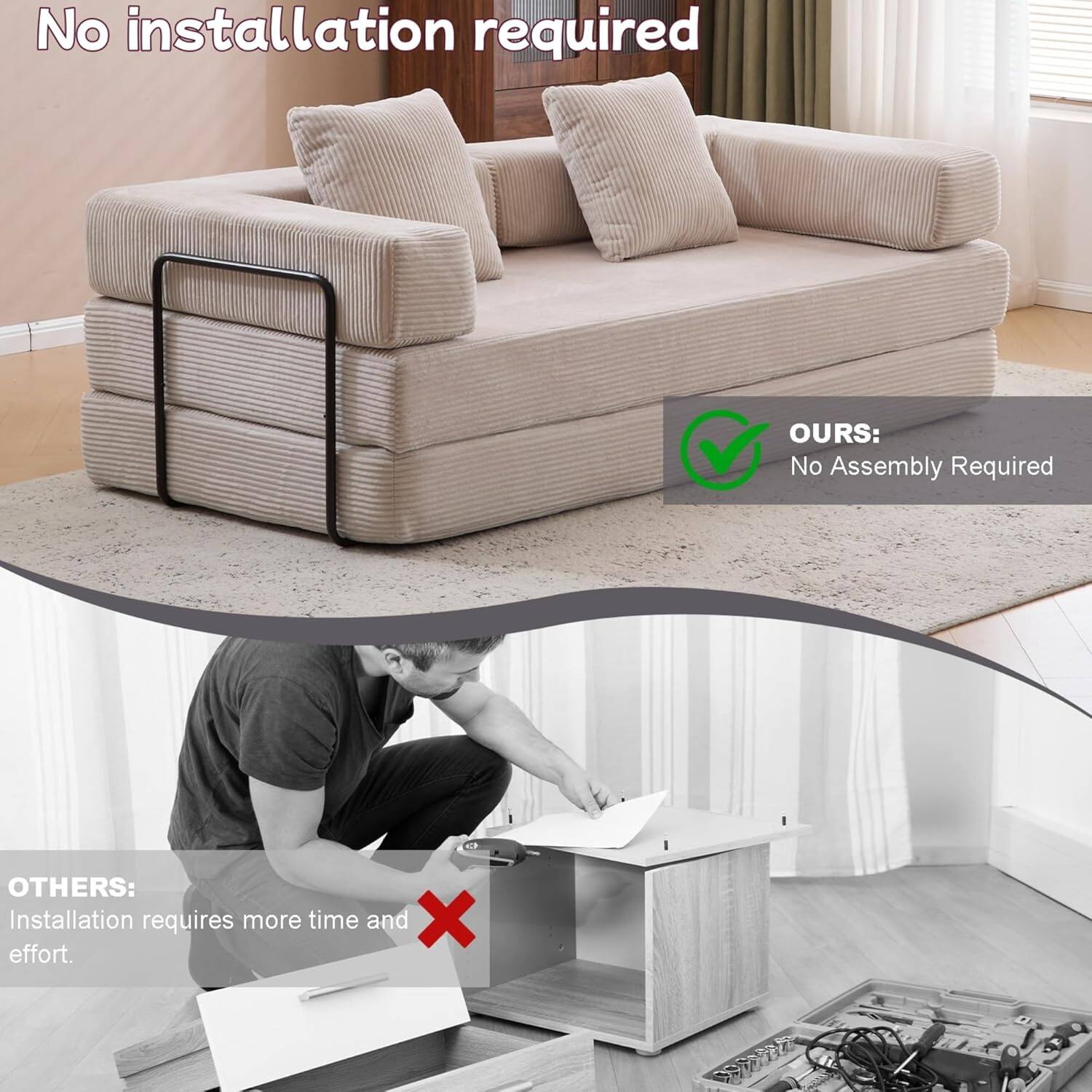 Chenille sofa bed with fixed shape frame