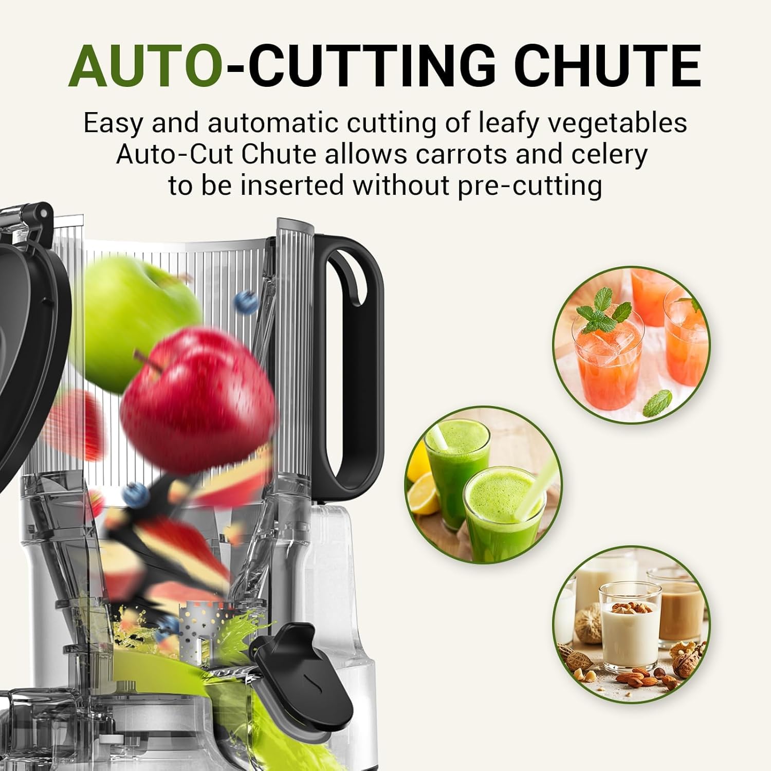Juicer Machines, AMZCHEF 5.3-Inch Self-Feeding Masticating Juicer Fit Whole Fruits & Vegetables, Cold Press Electric Juicer Machines with High Juice Yield, Easy Cleaning, BPA Free, 250W, Black