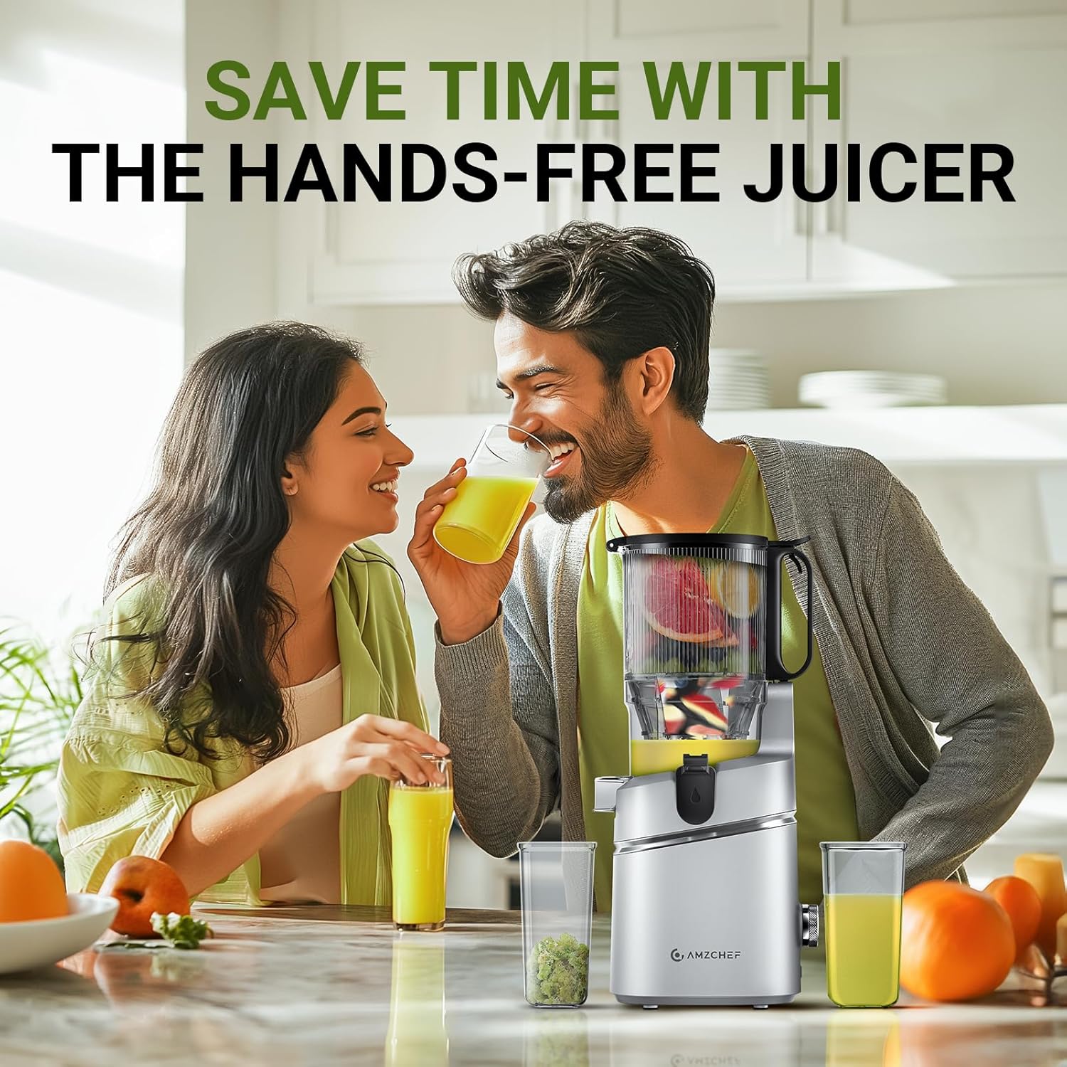 Juicer Machines, AMZCHEF 5.3-Inch Self-Feeding Masticating Juicer Fit Whole Fruits & Vegetables, Cold Press Electric Juicer Machines with High Juice Yield, Easy Cleaning, BPA Free, 250W, Black