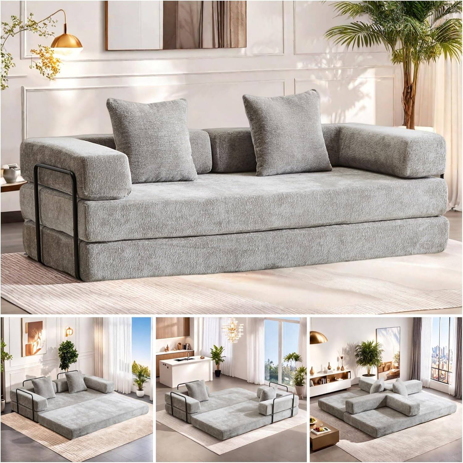 Chenille sofa bed with fixed shape frame