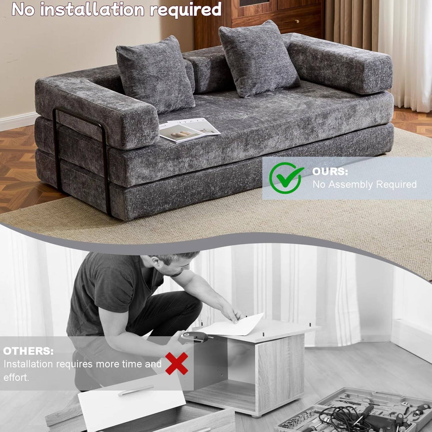 Chenille sofa bed with fixed shape frame