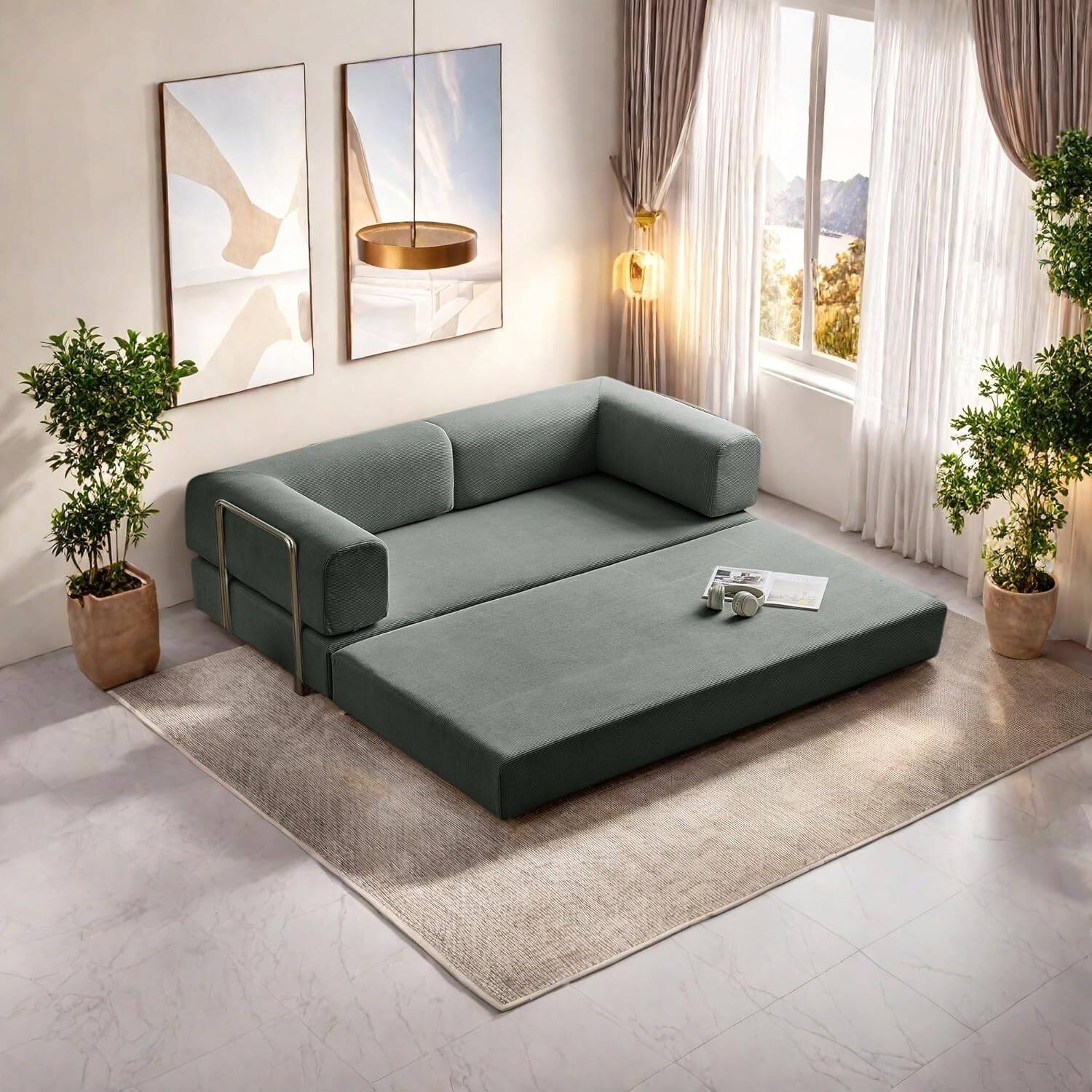 Chenille sofa bed with fixed shape frame