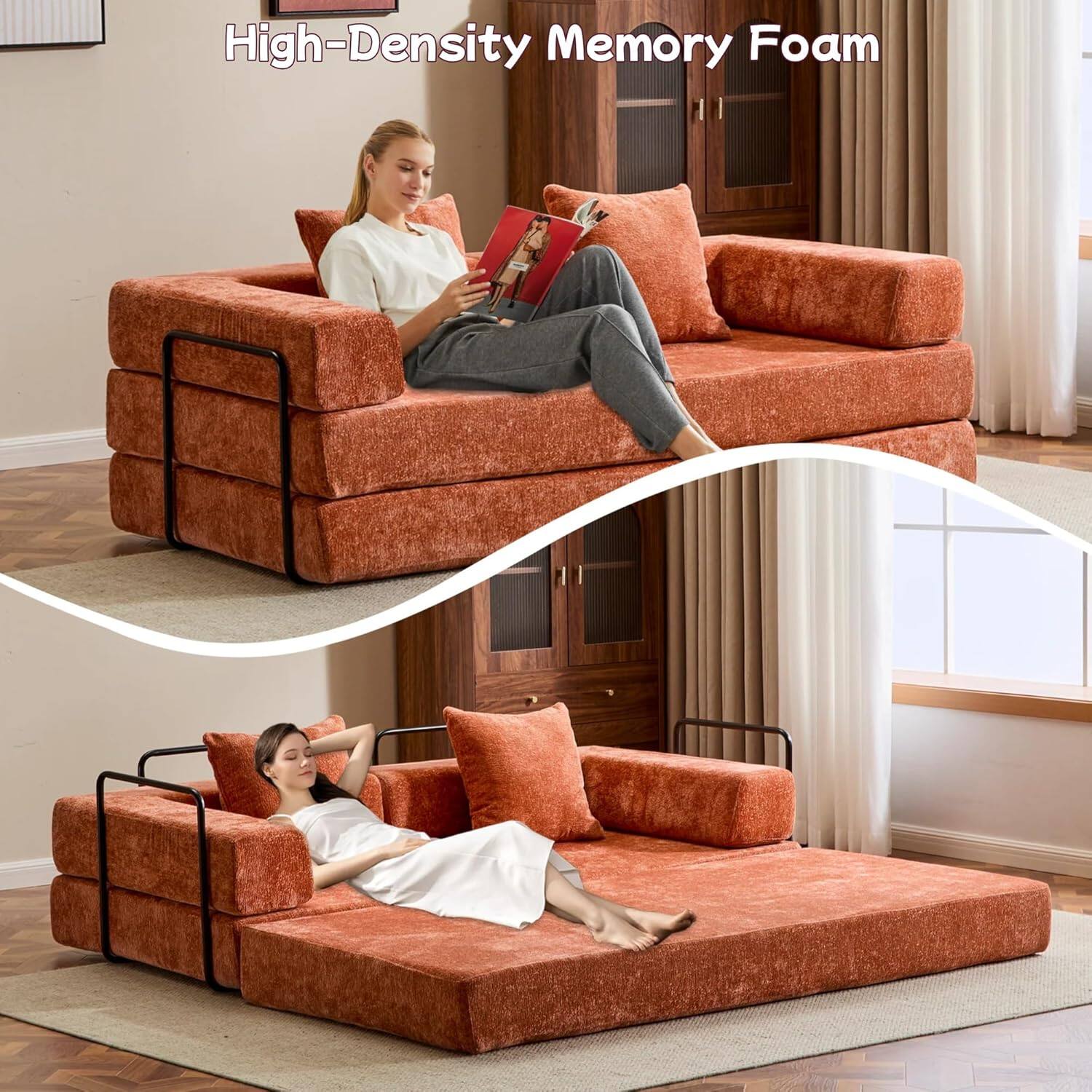 Chenille sofa bed with fixed shape frame