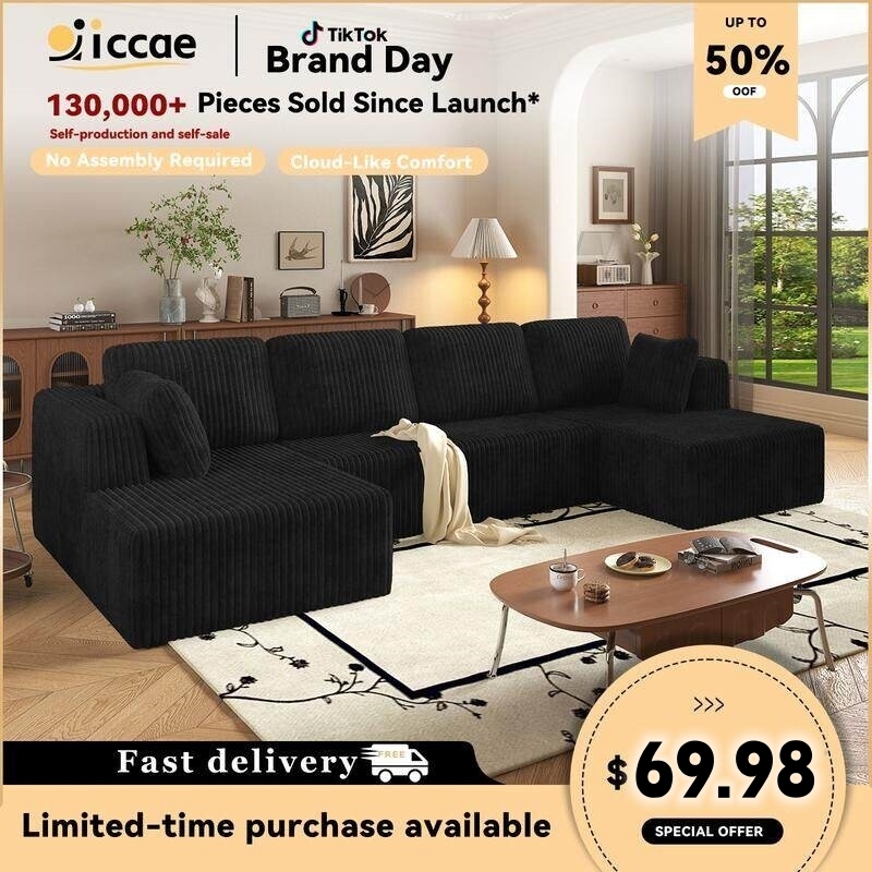 [3 Packages Shipping] Niccae 132''  U-shape modular corduroy sofa