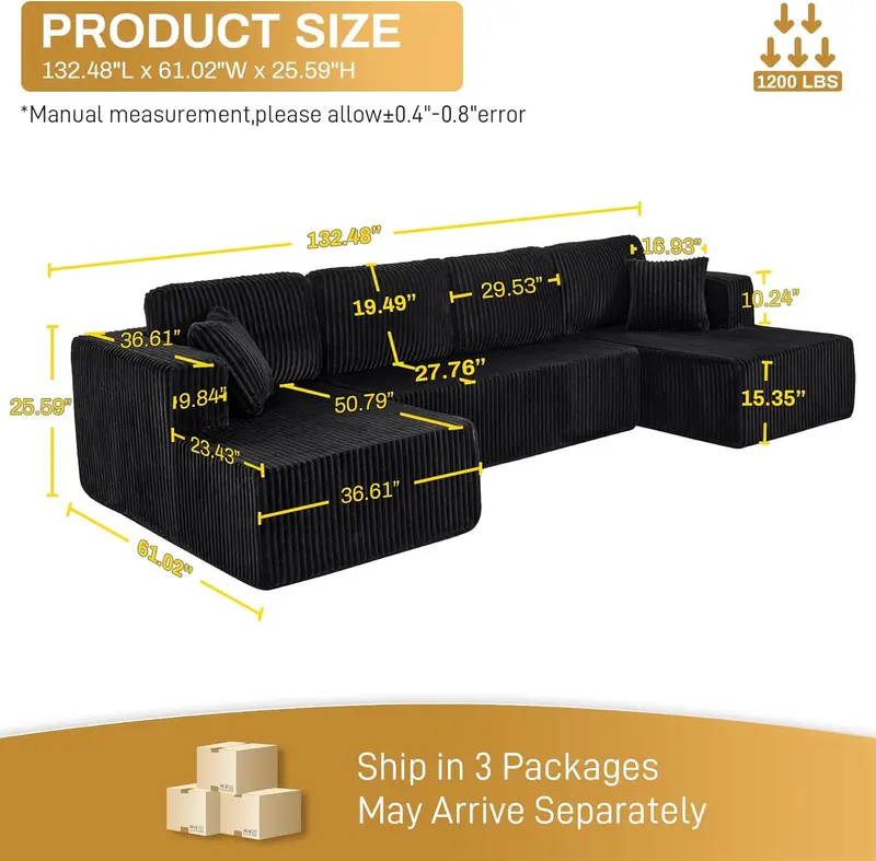 【3 Packs Shipped】[2 Free Pillows] Niccae Large U-Shaped Sectional Sofa