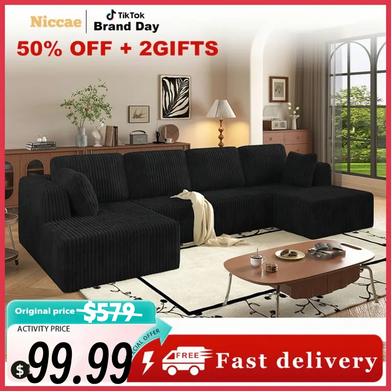 【3 Packs Shipped】[2 Free Pillows] Niccae Large U-Shaped Sectional Sofa